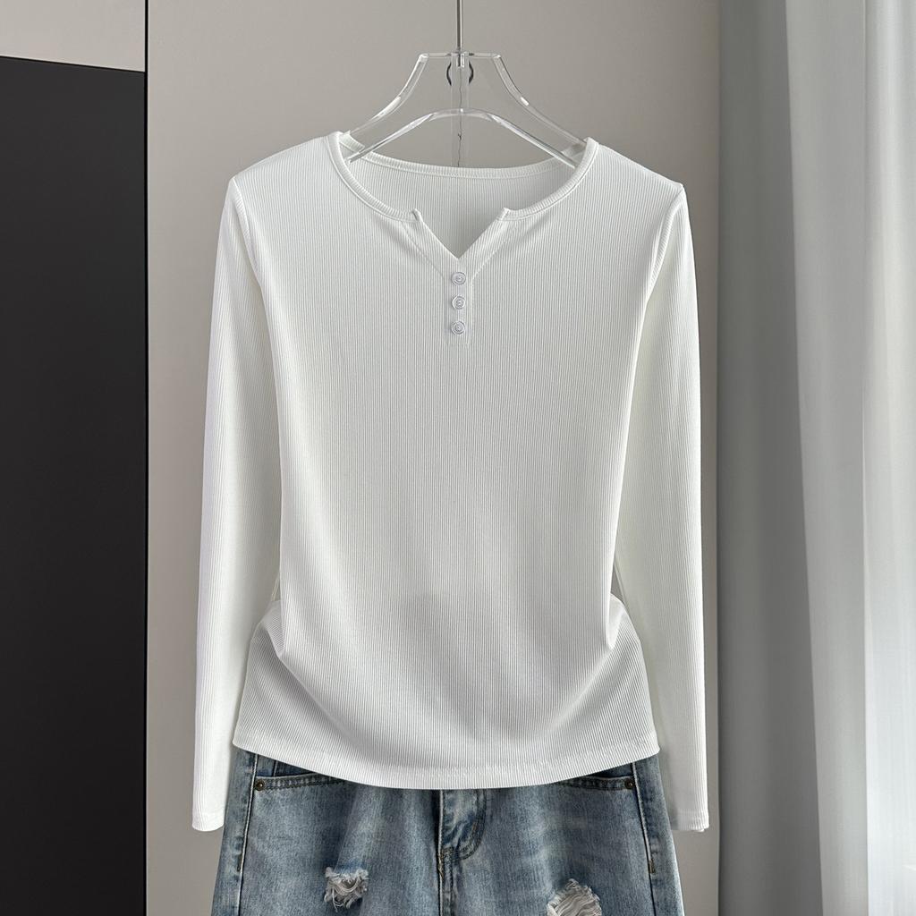 Stylish Long Sleeve T-Shirt Ribbed Slim Standard Shoulder Top For Autumn Stretchy Slim Base Layer Soft Ribbed Fabric Good For Inner And Outer Wear Top