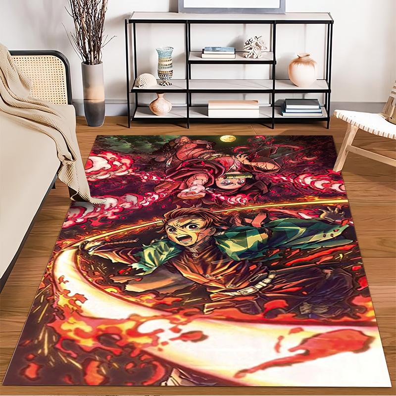 Vibrant anime-style carpet with a fiery battle scene Suitable for use as an anti-slip game mat for living room and bedroom sofas