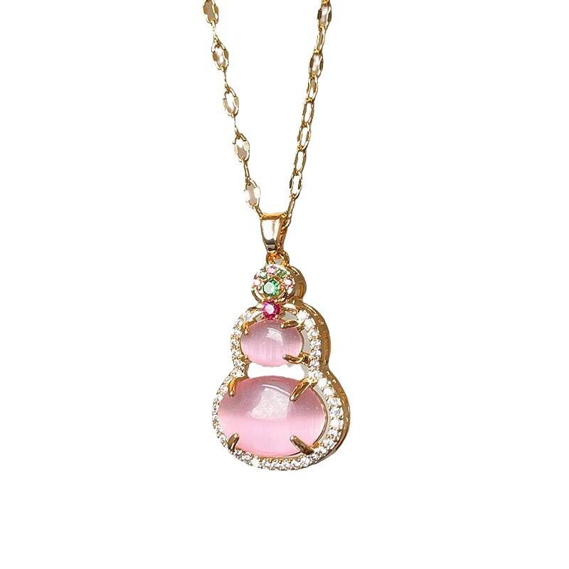 Collier Pendentif Gourde Niche Haut de Gamme Pierre Œil de Chat Rose avec Diamants pour Femmes