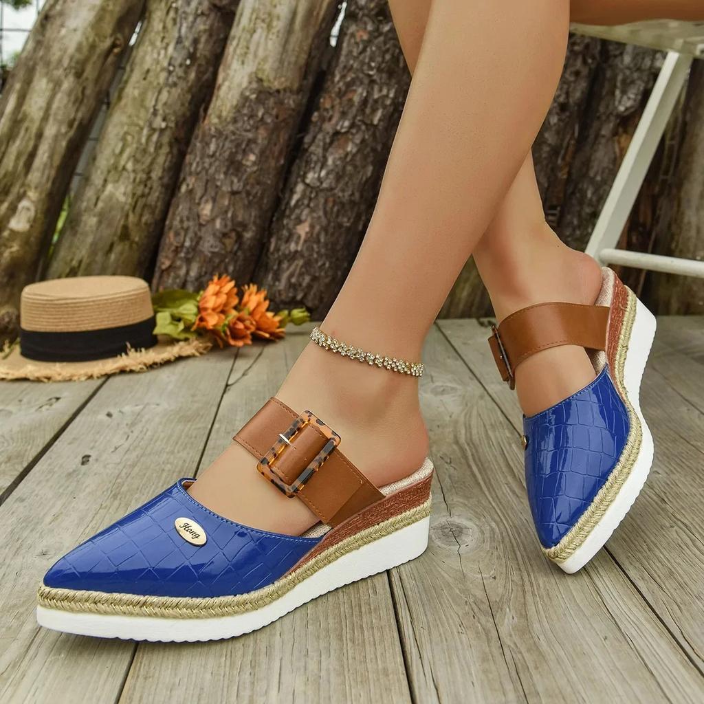 Large Size Spliced Color Headed Sandals with Rope Weave Thick Heel Slip-On Women's Shoes Lightweight Rubber Bottom Casual Slippe