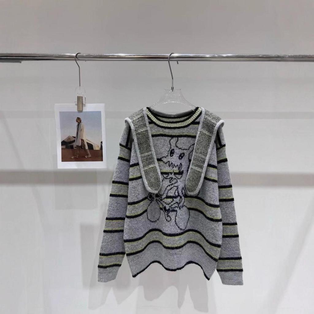 2025 Autumn/Winter Celebrity Striped Animal Hat & Pullover Sweater Set, Loose Lazy Style