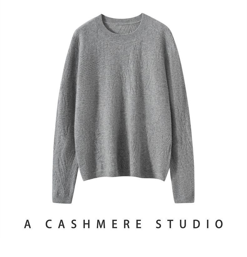 Women's Pure Cashmere Embossed Round Neck Knitwear - New Chinese Style, Loose & Versatile for Autumn/Winter