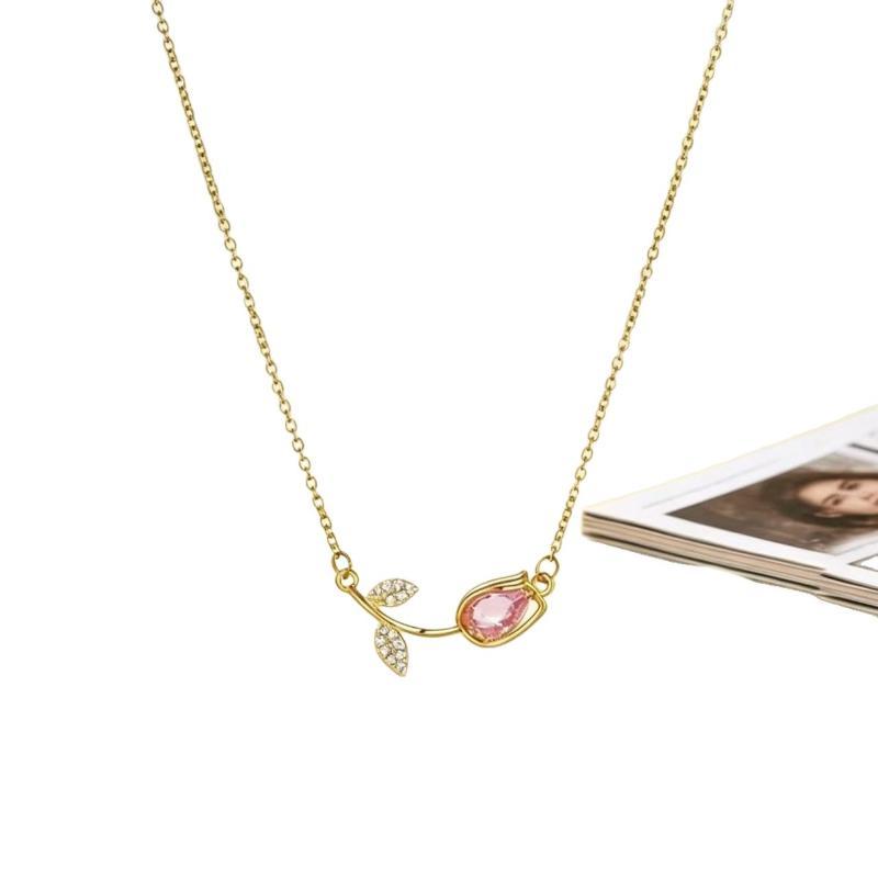 Elegant Stainless Steel Tulip Necklace Glittering Colorful Crystal Charm Jewelry for Women Engagement Event Wear