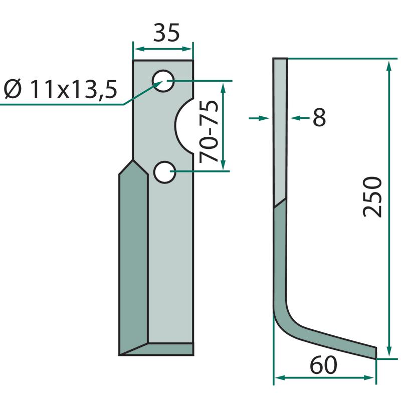 Right rotary tiller blade 250x35x8mm for SIMON DURA IND-482R