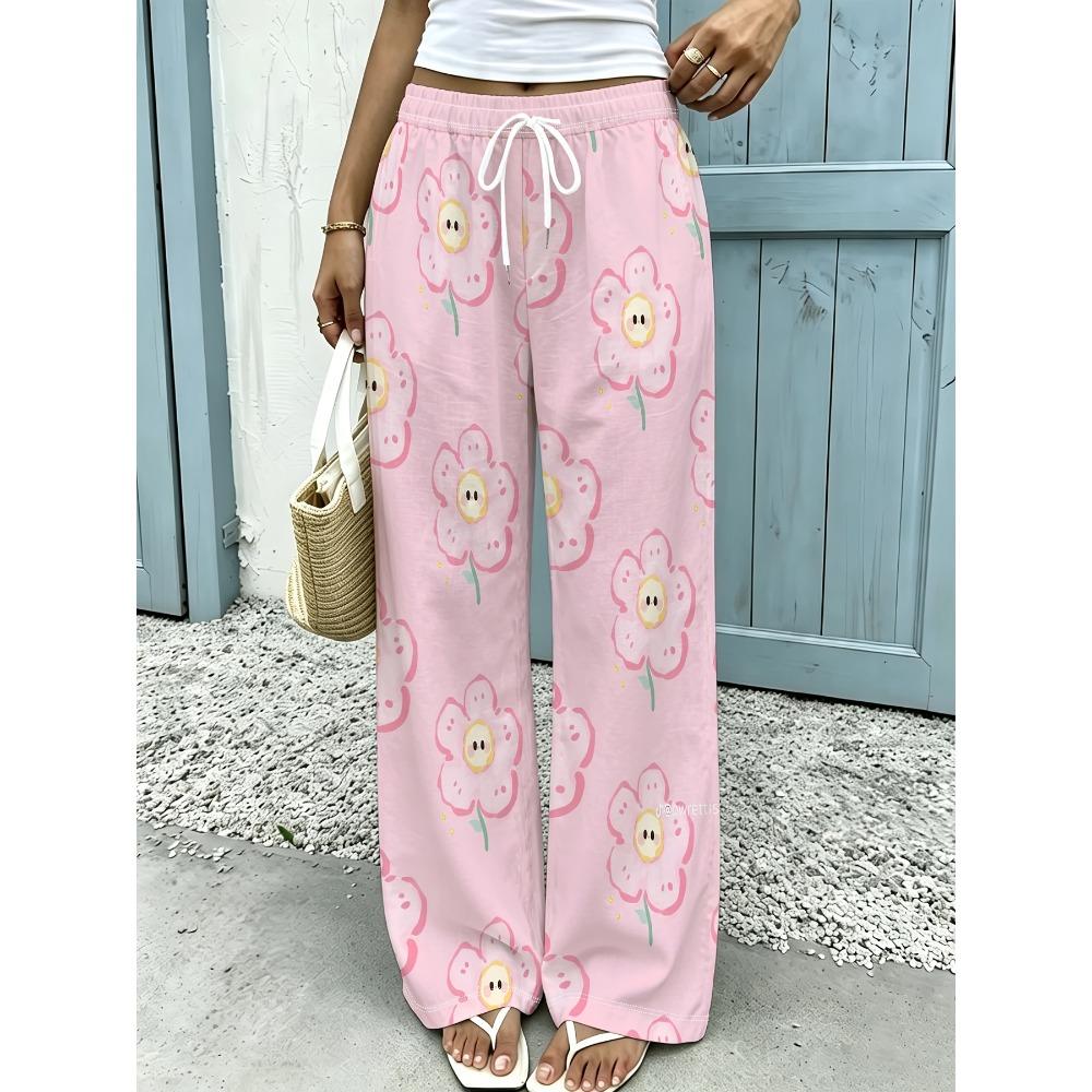 Soft Cute Cartoon Smiling Flower Fashion Pants, Girly Style, Women's Large Size Sports Trousers