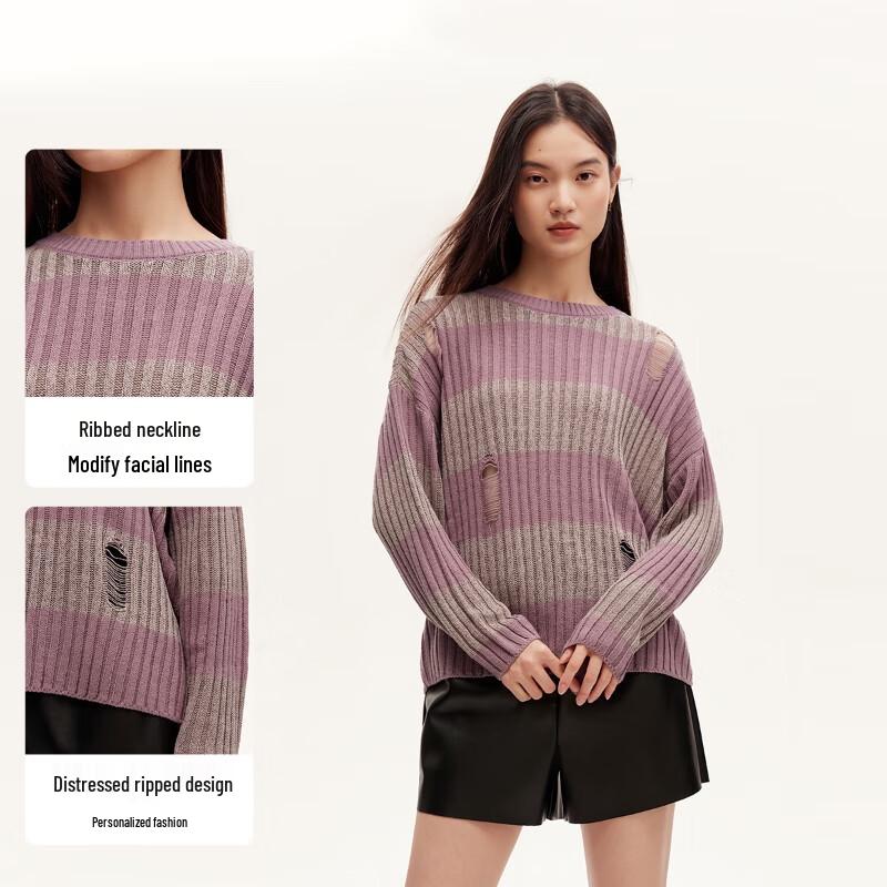 Veromoda Distressed Color-Block Striped Knit Sweater