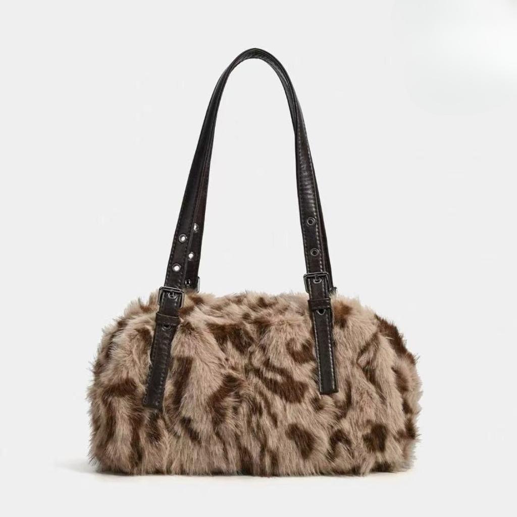 Leopard Print Plush Bag Women's Autumn/winter New Fashion Fuzzy Shoulder Bag