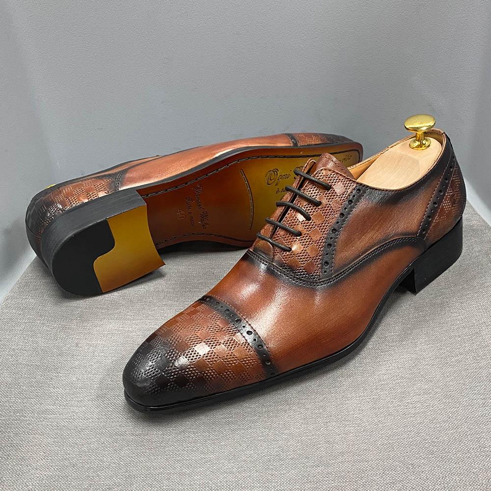 Fashion Classic Genuine Leather Mens Oxfords Business Office Brogue Dress Shoes Cap Toe Lace Up Italian Wedding Formal Footwear for Men