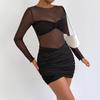 Hot-selling Women's Fashion Round Neck Long-sleeved Mesh Splicing Skirt, European and American Sexy Pleated Hip-wrapped Dress