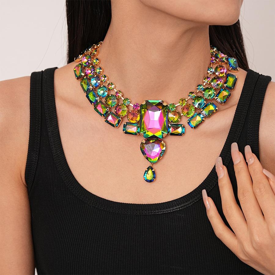 Exaggerated Inlaid Rhinestone Earrings Jewelry Set Square Necklace for Women Wedding Party Accessories