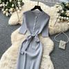 Solid O-neck Knitted Sweater Dress for Women Summer Autumn Short-Sleeve Single-Breasted Tie-Waist Slimming Elegant Bodycon Dress