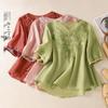 2025 Women's Summer Cotton Linen Embroidered V-Neck Loose Retro Pullover Shirt