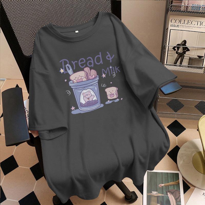 Japanese Cute Plus Size Purple Printed Cotton T-Shirt for Women - Loose, Short Sleeve, Summer Style