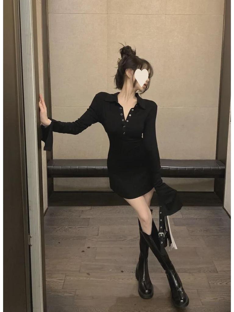 Women's Autumn Long Sleeve Polo Collar T-Shirt Dress - Sexy, Slim Fit Mini Skirt
