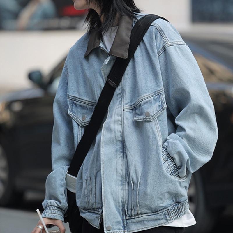 Unisex Módní Džínová Pracovní Bunda - Jaro & Podzim, High Street Styl, Klasický Límec, Volný Střih