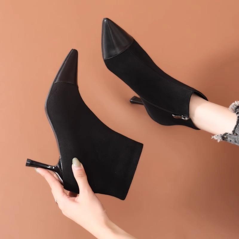 Autumn and winter new French temperament pointed head thin heel short boots women's retro velvet thin boots