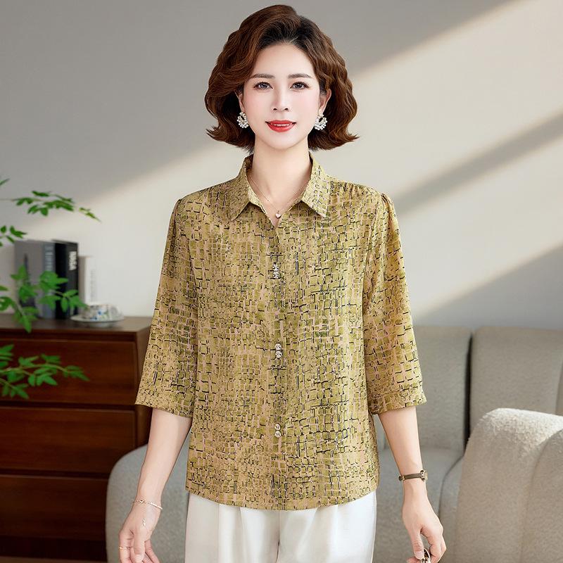 2026 Summer Lapel Shirt for Mothers: Stylish Loose Seven-Sleeve Top for Middle-Aged and Elderly Fashion 3XL