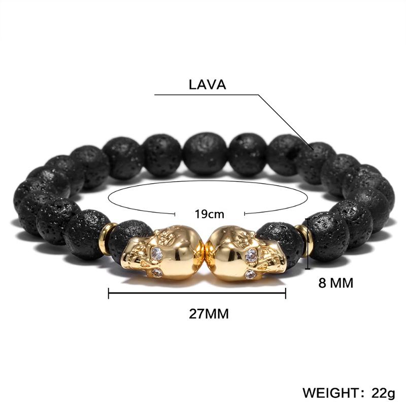 Punk Double Skull Head Design Beads Bracelet 4 Color Natural Stone Beaded Lava Braclet For Men Biker Wristband Jewelry Homme