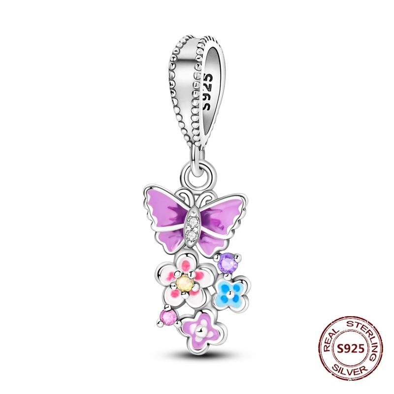 Butterfly Charm copper Authentic Pink Blue Zircon Fly Butterflies Safety Chain Clip Charm Bead Charms Compatible With Bracelets Do It Yourself Jewelle