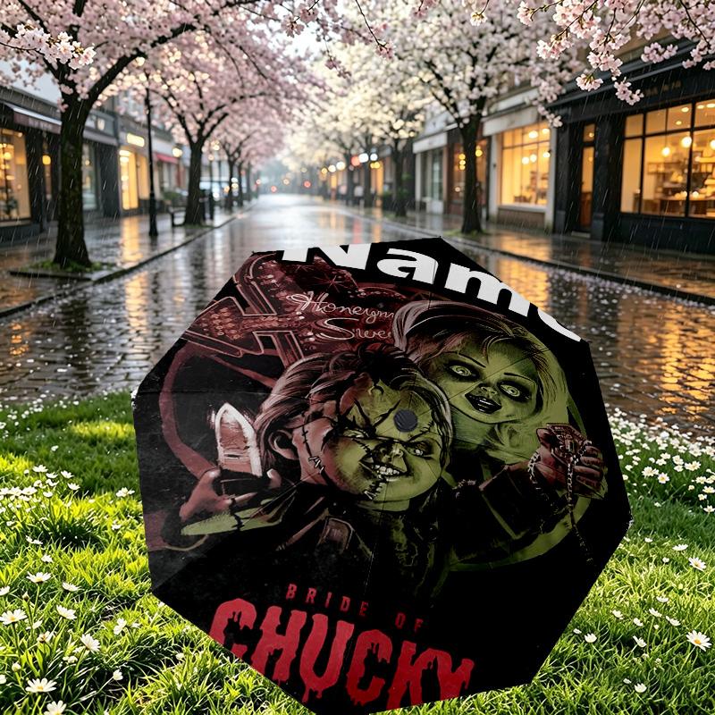 Custom Name Personalized Bride of Chucky Print Umbrella, Auto Open Close, 8‑Rib Sturdy Frame, Commute Camping Hiking Use, Birthday Gift