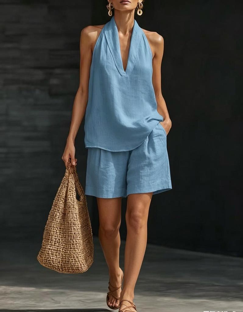 Vintage Style Women's Linen Suit: Loose V-Neck Top & Wide Leg Pants Two-Piece Set for Summer