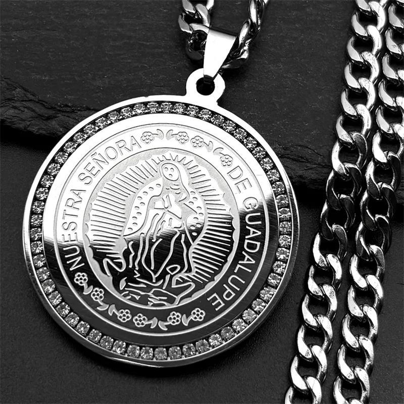 Hip Hop Stainless Steel Virgin Mary Big Crystal Pendant Necklace Men Our Lady of Guadalupe Jewelry virgen de guadalupe NZZZ483S5