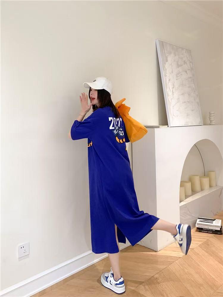 Korean Style Summer Slit Print T-Shirt Dress for Women - Loose, Slimming, Short Sleeve, Oversized Nightdress