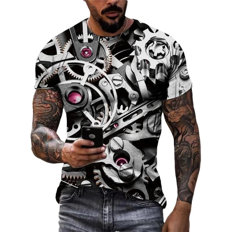 Summer Round Neck 3D Steampunk Gear Print Top Fashionable Casual Short Sleeved Men's T-shirts