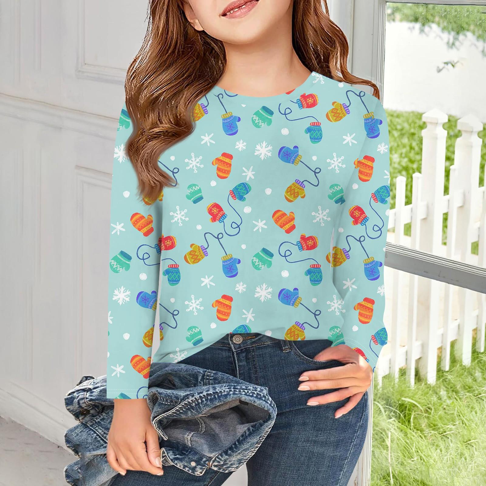 

Футболки с длинным рукавом для девочек, детские осенние топы с круглым вырезом, базовые футболки с винтажным графическим принтом, топы для детей 5–14 лет 110