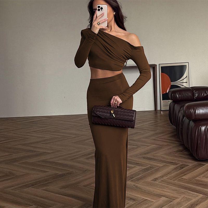 Fashion 2025 New Arrival Fashion Shoulder-Baring Long Sleeve Slim-Fit Top Skirt Suit Sheath Fishtail Dress Two-piece Set