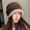Autumn and winter ear protection warm bag head hat women's big head circumference showing face small pile hat color matching versatile knitted hat
