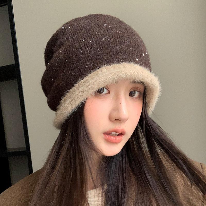 Autumn and winter ear protection warm bag head hat women's big head circumference showing face small pile hat color matching versatile knitted hat
