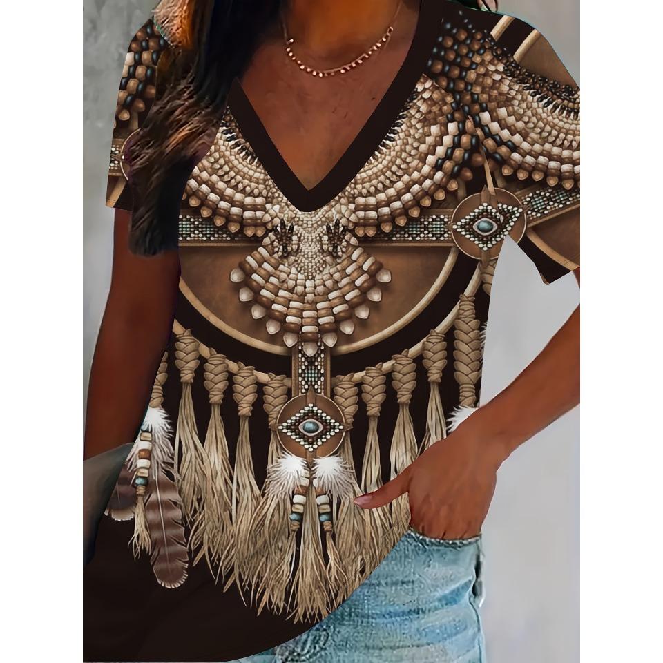 Vintage Floral Summer Fashion Casual Women's T-Shirts 3D Print V-Neck T-Shirt Daily Loose Short Sleeve Tops