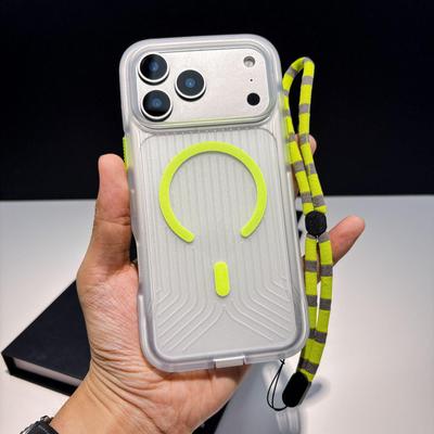 Luminous Magnetic Drop-Proof Case for iPhone 16/17 Promax with Corrugated Hard Shell and Lanyard.