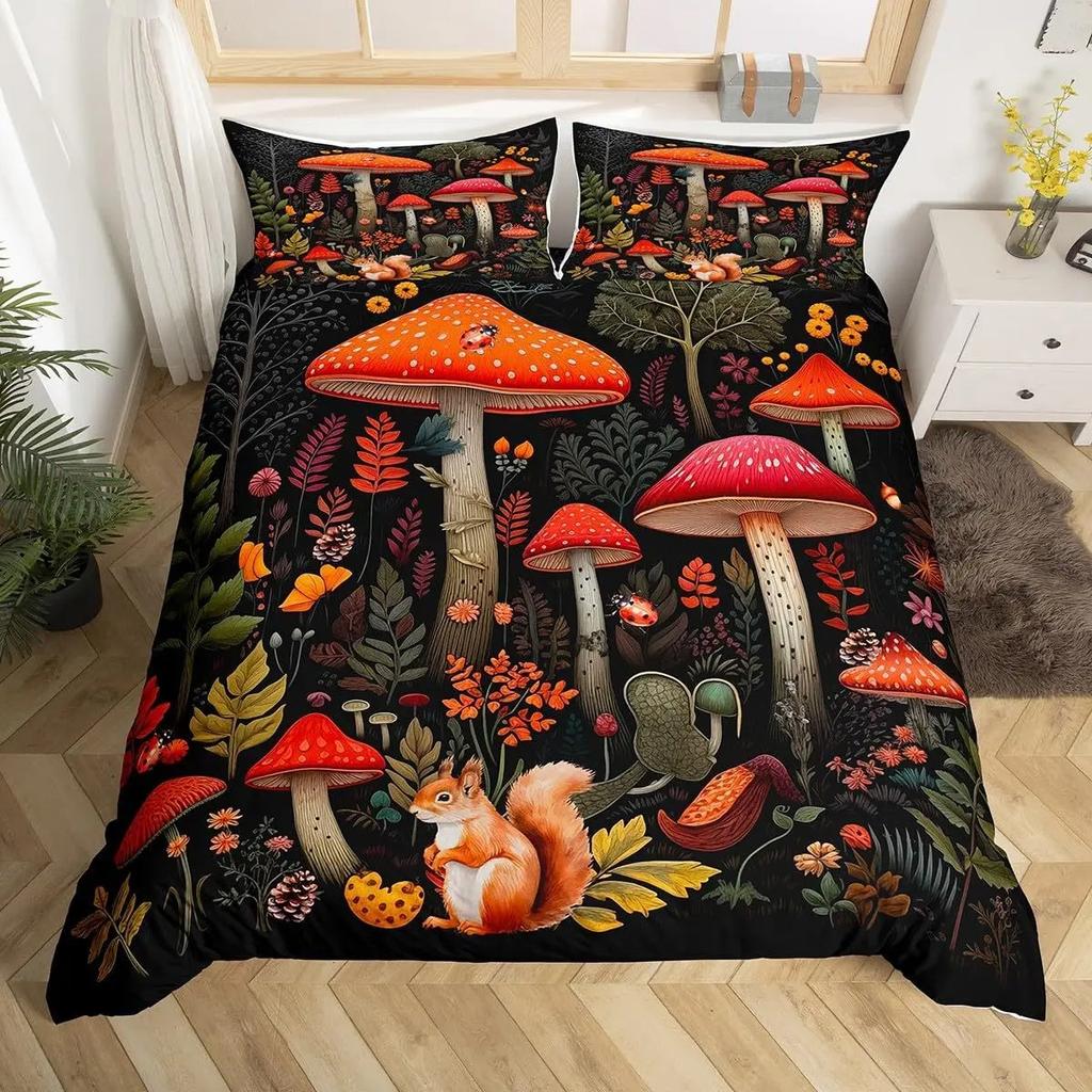 Mushroom Forest Animal Duvet Cover Set, Vintage Botanical Wildlife Bedding, 3D Printed Soft Microfiber Quilt Cover Pillowcase
