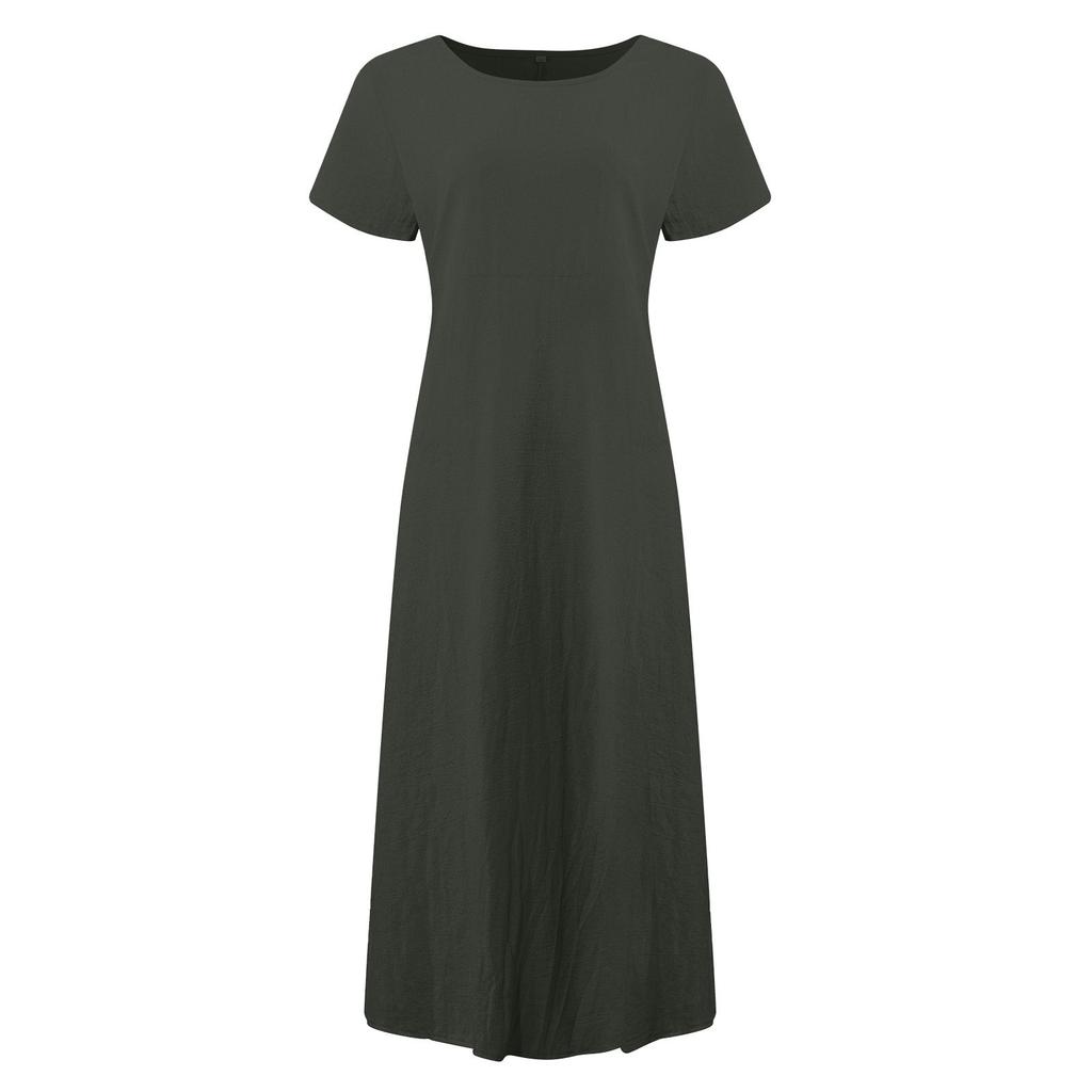 Women's Summer Fashion Casual Solid Color Short-sleeved Round Neck Pocket Loose Cotton And Linen Dress