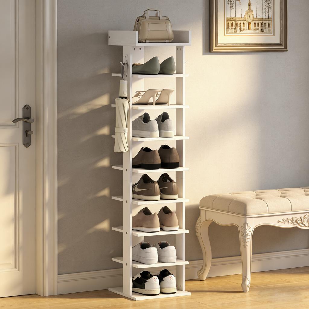 9-stufiges Schuhregal, Schuhorganizer für bis zu 9 Paar mit oberer Ablage, 2 Haken, 30x30x128,4cm, weiß