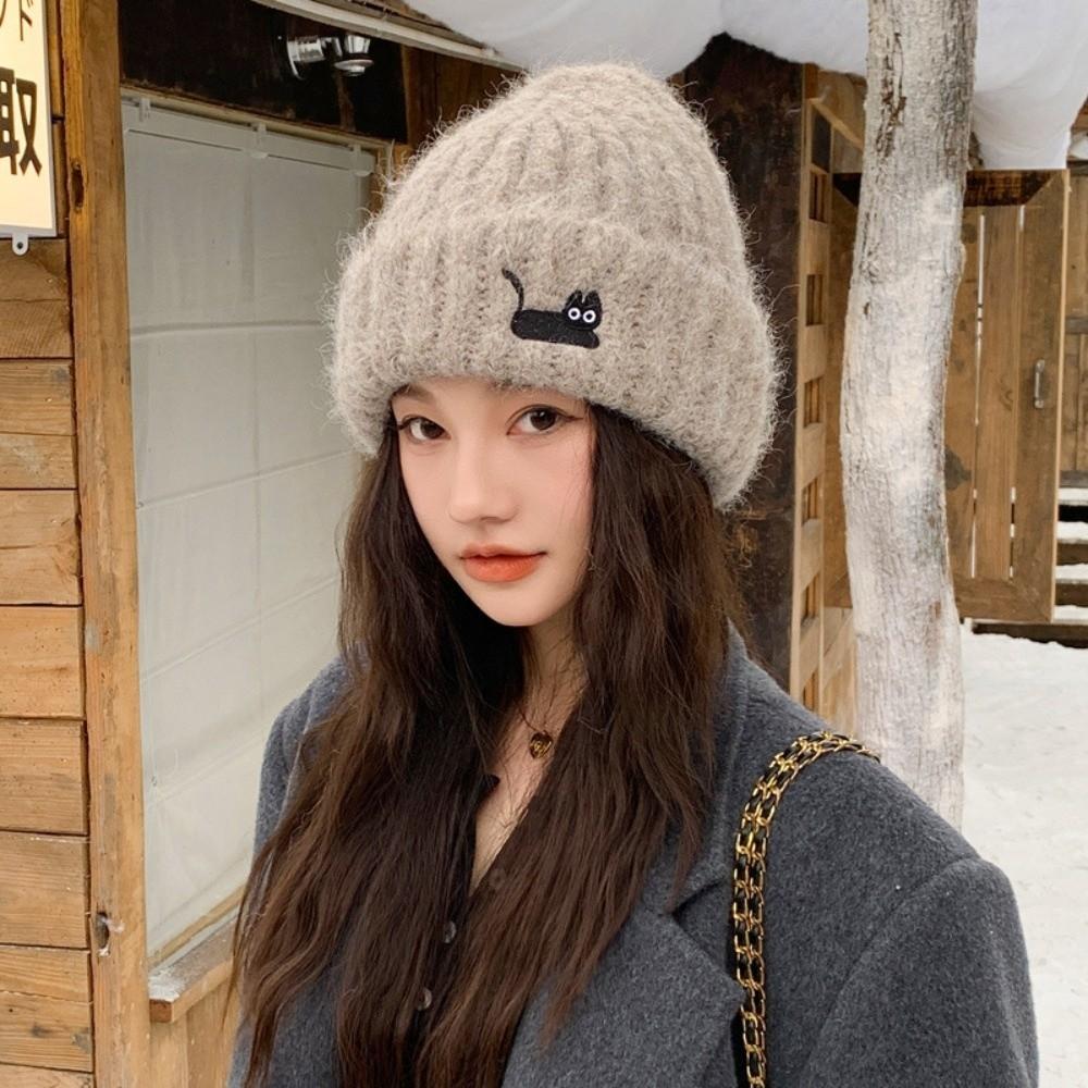 Soft Warm Beanie Hat Cat Embroidered Winter Thermal Cap New Knitted Woolen Hat  Women