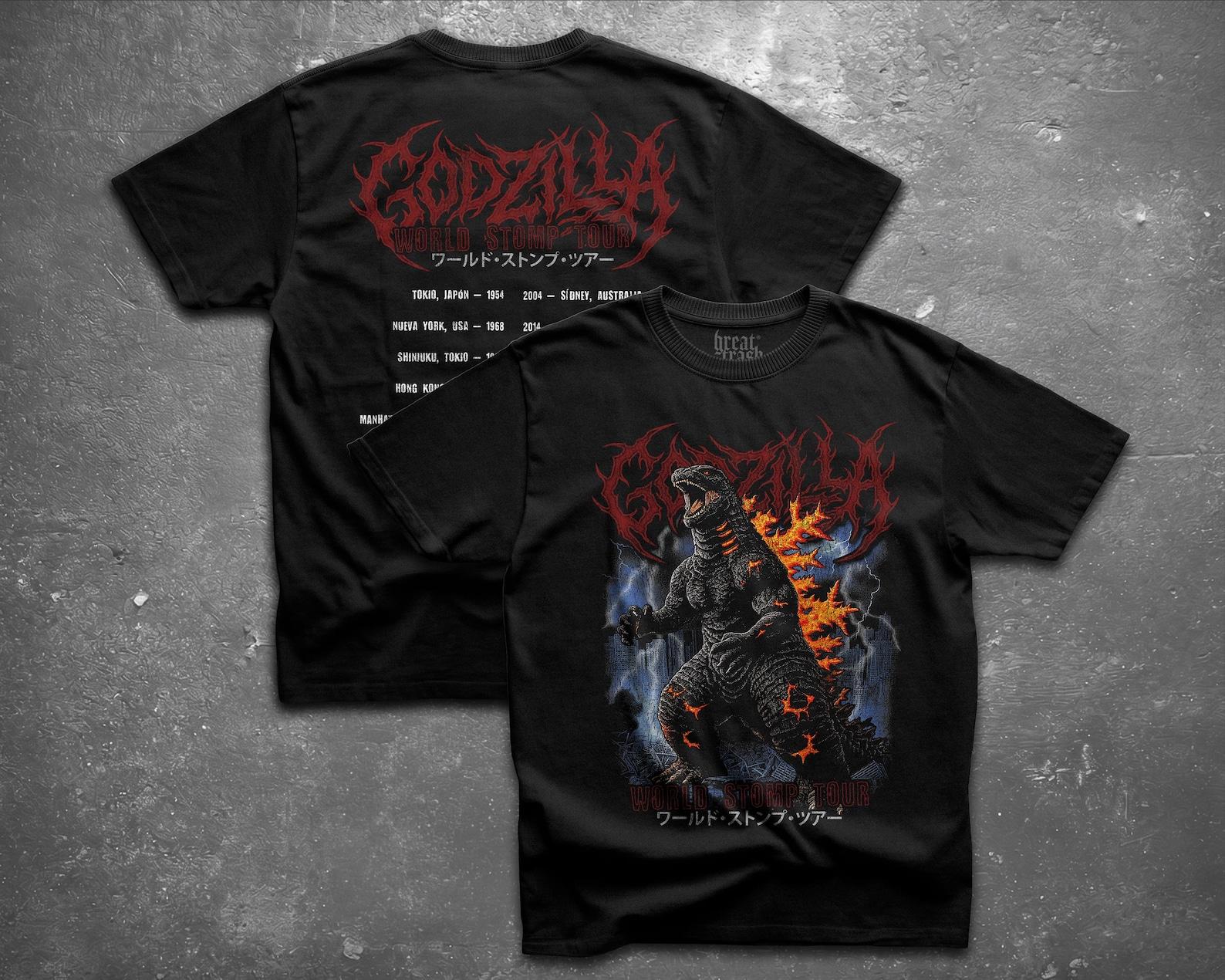 Godzilla 90s Vintage Bootleg Shirt, Burning Godzilla Death Metal Tee, Retro Kaiju World Tour, Oversize Streetwear, High Fidelity Print S