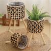 Gourd Grass Plant Stand Flower Pots Holder Stool with 3 Wood Legs Floor Planter Basket Rack for Home or Office Use