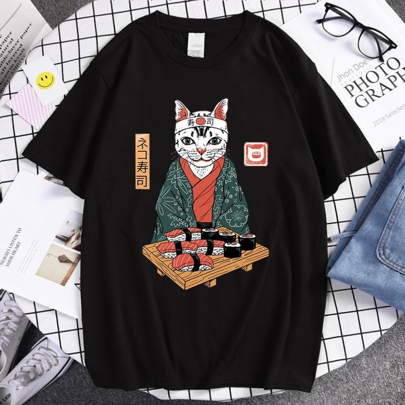 Summer Unisex 100 Cotton Shortsleeved Breathable Samurai Cat Personalized Print Tshirt For Casual And Loose Fit Hiphop Style