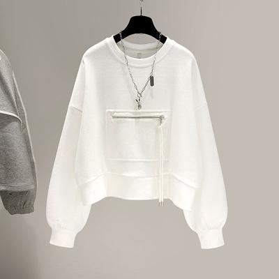 Autumn Round Neck Hoodies Women Loose Zipper Pocket Pullover Sweatshirts Long Sleeve Top