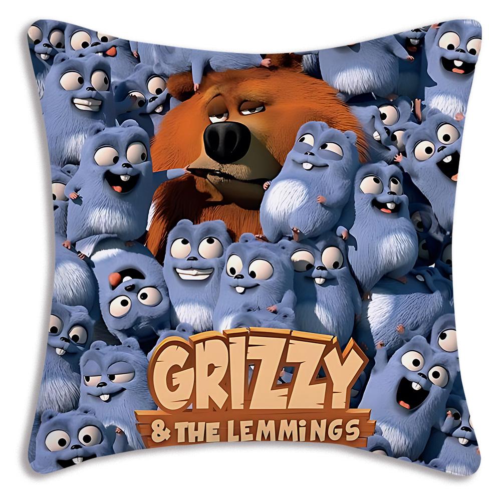 Federe Cuscino Orso Grizzly e Lemming Cartoni Animati Divano Decorativo Casa Stampa Fronte-Retro Peluche Corto Cuscino Carino