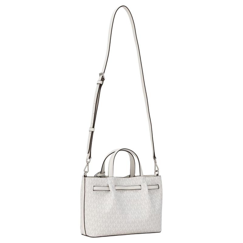 MICHAEL KORS Carson Silver Metal Logo Charm Coated Canvas Handbag Small Women's White
