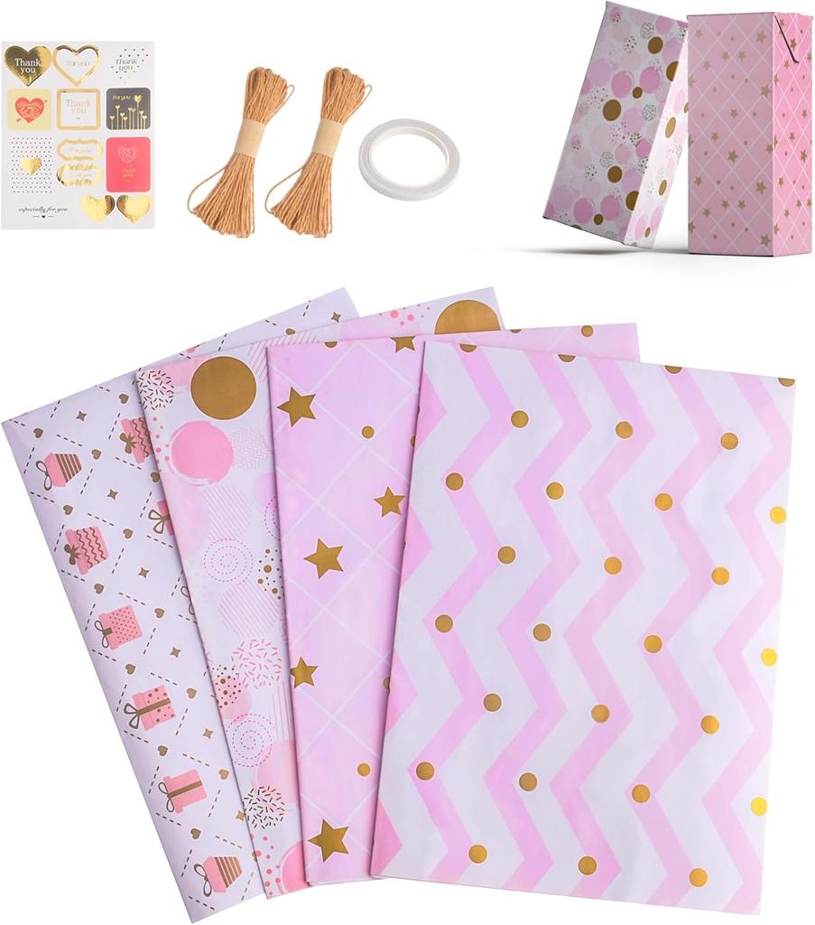 1set Pink Gold Gift Wrapping Paper Five-Pointed Star Dots Pattern Bouquet  Packaging Birthday Wedding Party DIY Decoration Paper