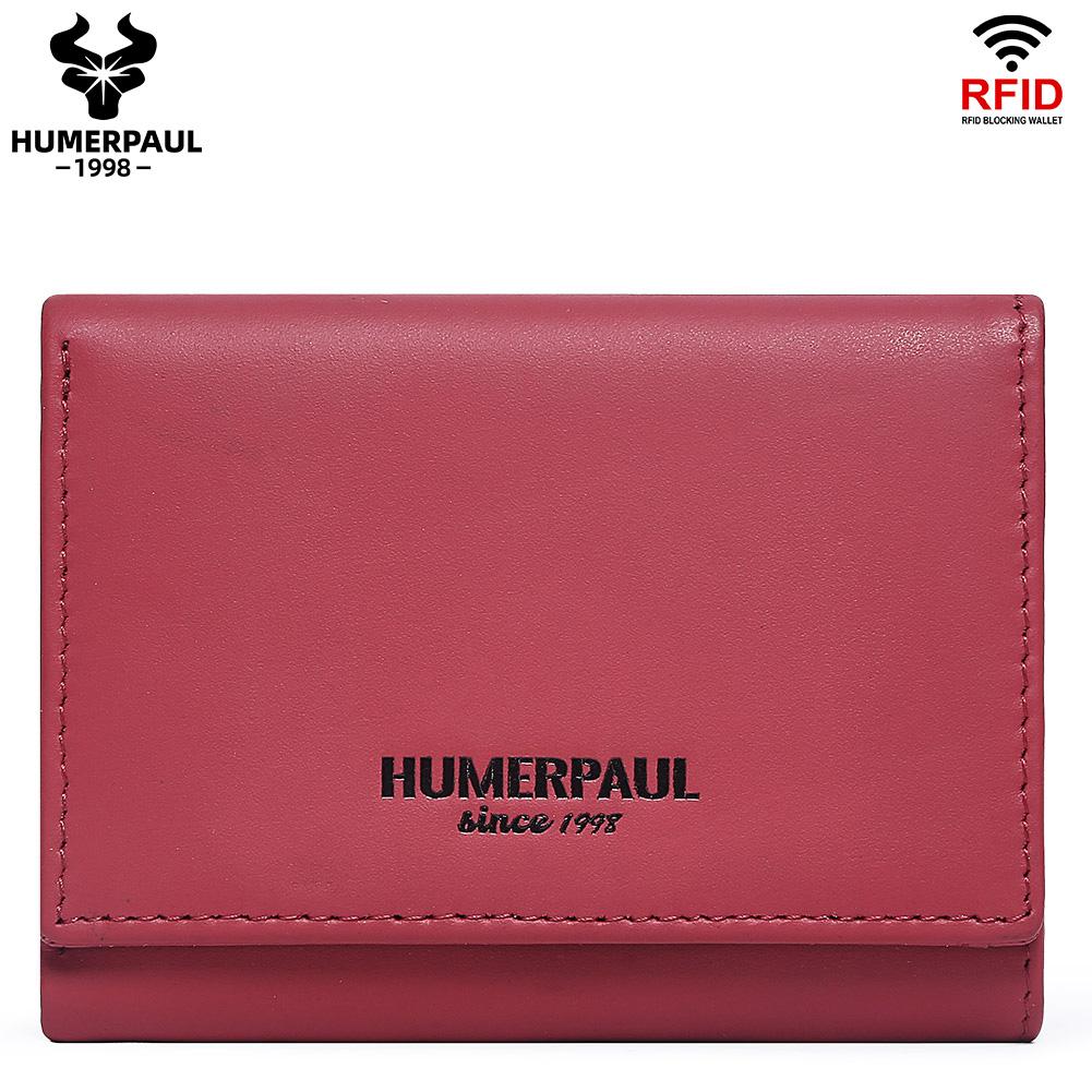 Humerpaul Ladies First Layer Cowhide Three-folding Wallet RFID Anti-theft Brush Portable Wallet Multi-card Slot Large-capacity Multi-compartment