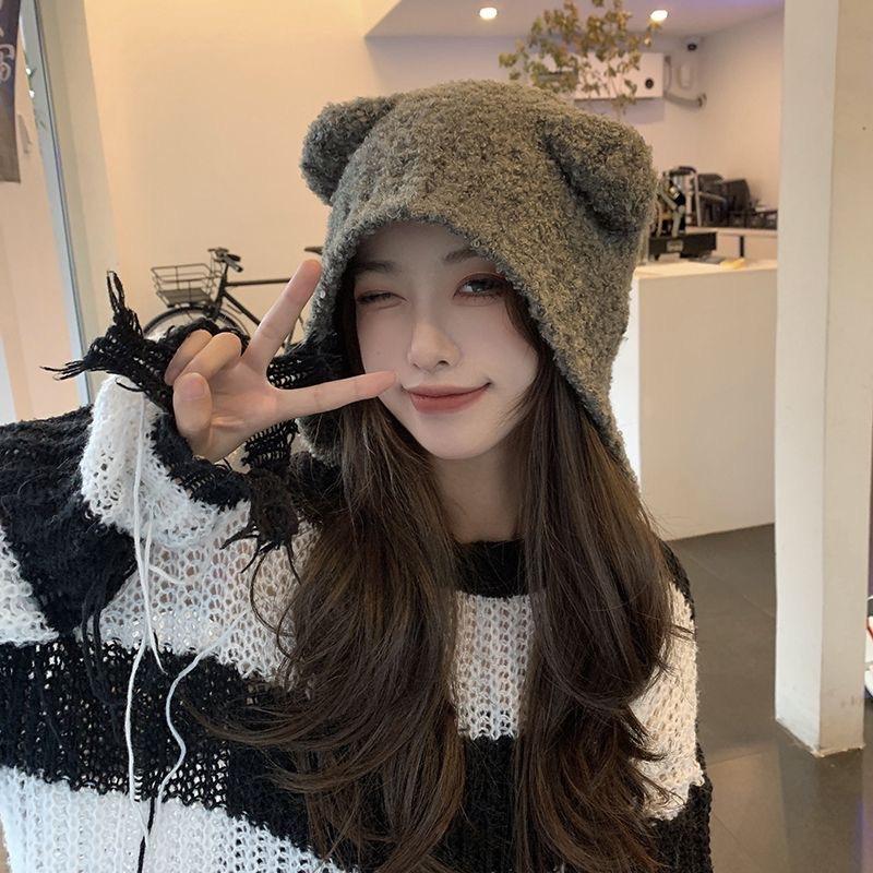 Bear Ear Hat Female Autumn and Winter Japanese Cute Face Small Warm Ear Protection Knitted Hat Korean Version Versatile Wool Hat