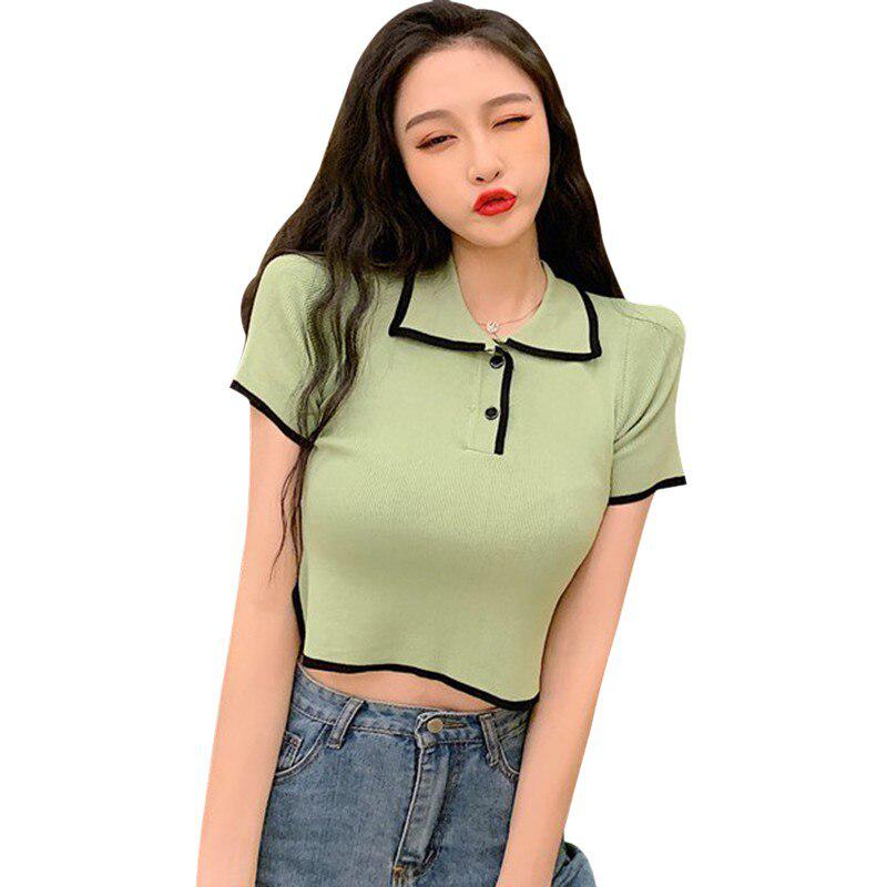 Women Knit Solid Color Top Fashion Turn-down Collar Short Sleeve Button Top T-shirts Woman Casual Slim T Shirt