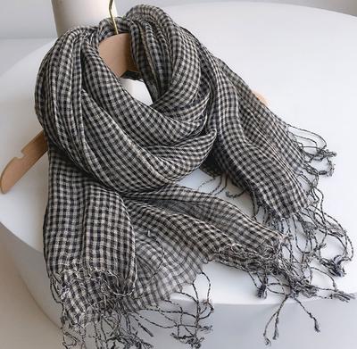 100% Leinen Kleine Karomuster Schals Sommer Frühling Japanischer Stil Krepp Klimaanlagen Schals Schwarz Weiß Karomuster Gewebte Pashmina Wickeltücher