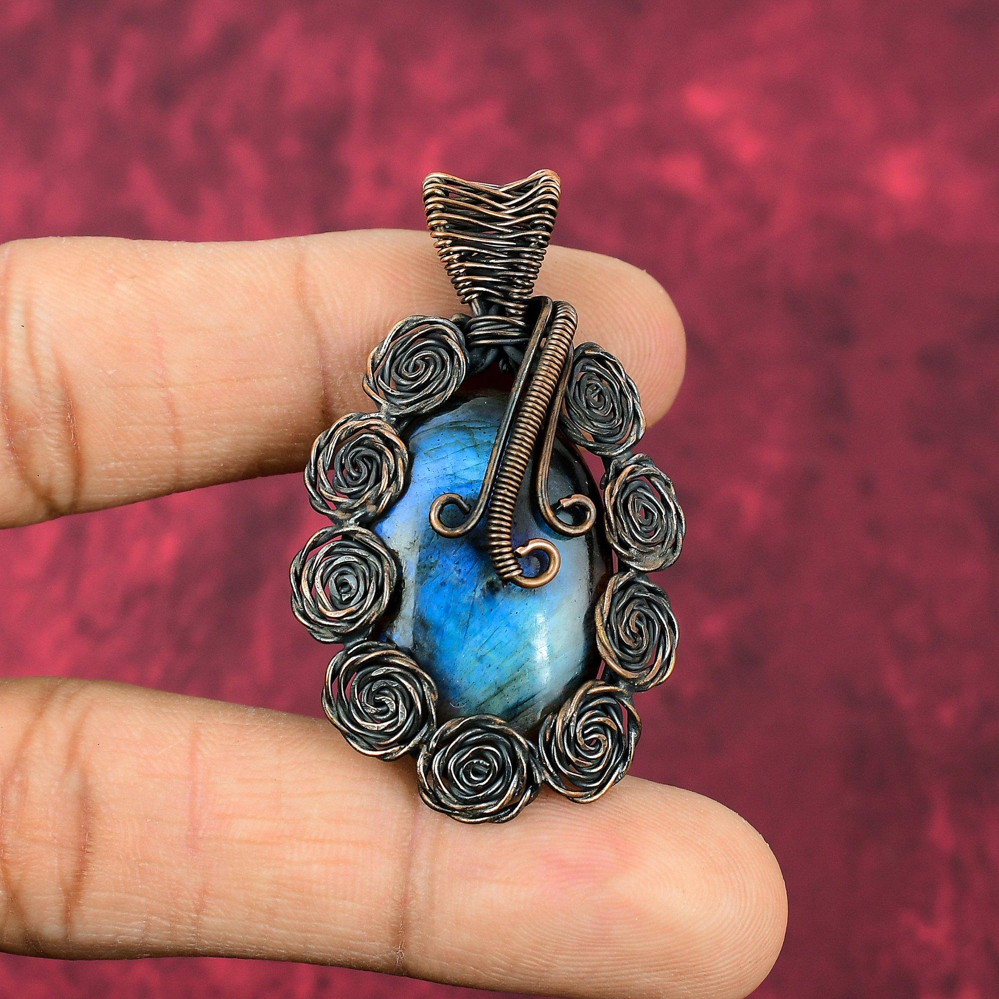 

Labradorite Pendant Copper Wire Wrapped Pendant Handmade Designer Pendant Wire Wrap Gemstone Jewelry Flower Pendant Copper Jewelry For Gifts